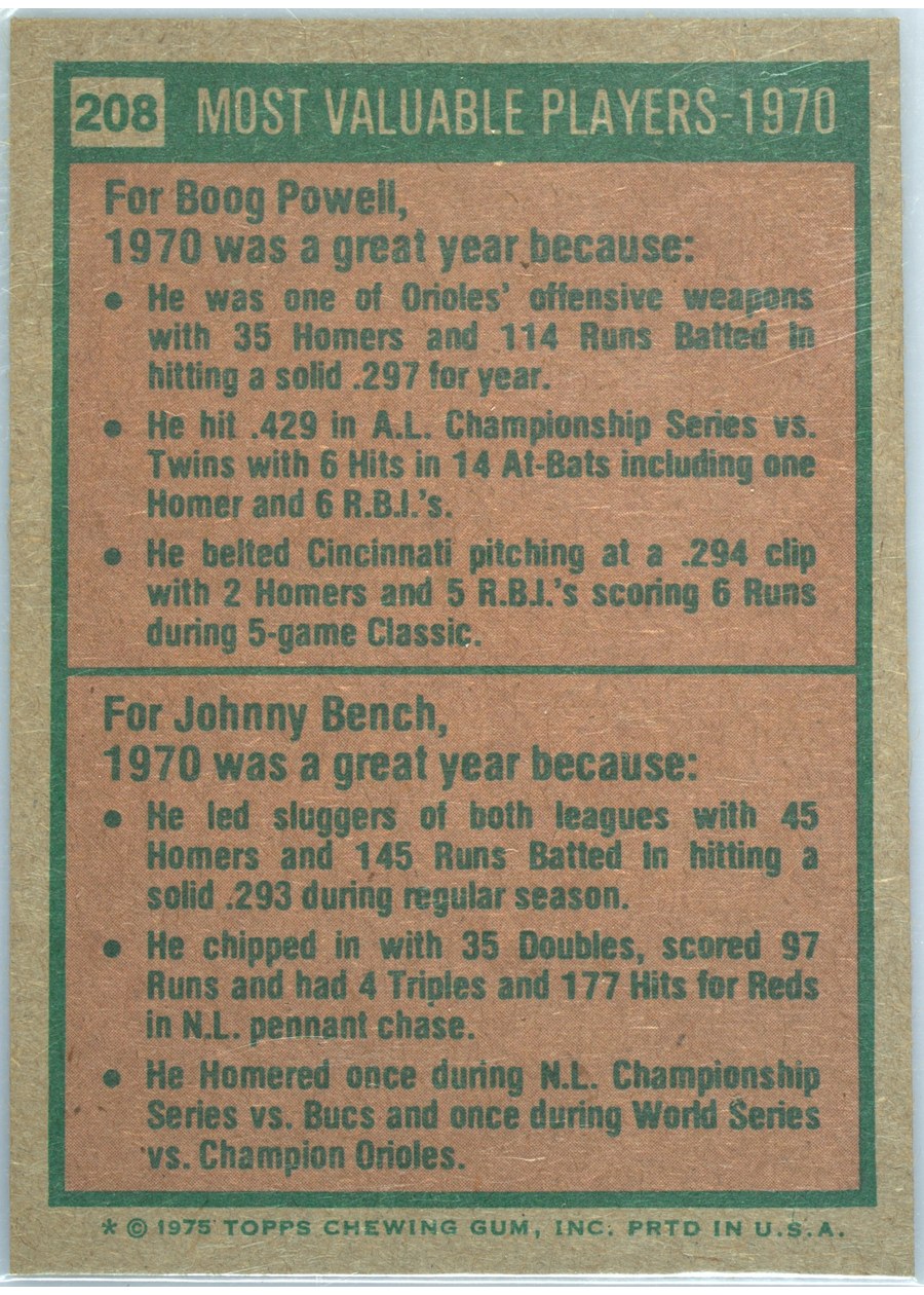 1975 Topps #208 1970 MVPs card back