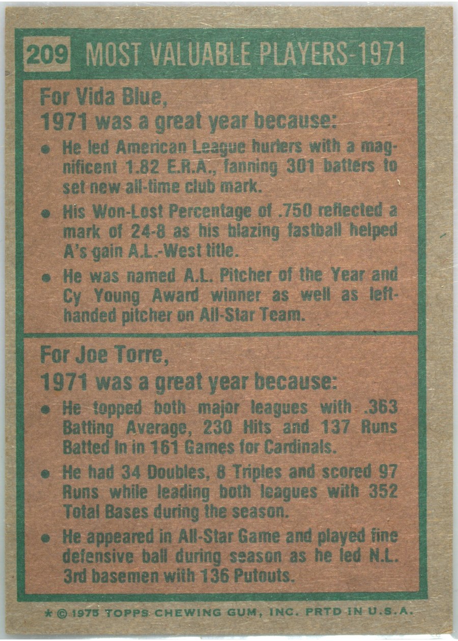 1975 Topps #209 1971 MVPs card back