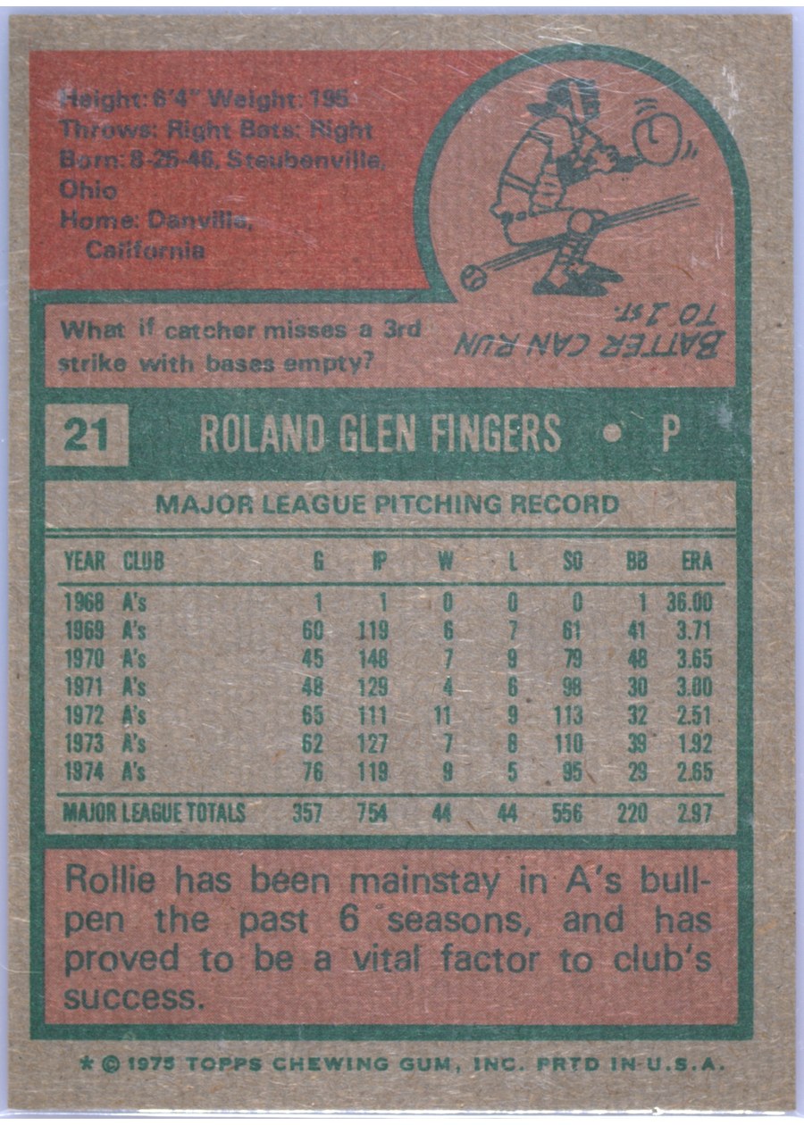 1975 Topps #21 Rollie Fingers card back