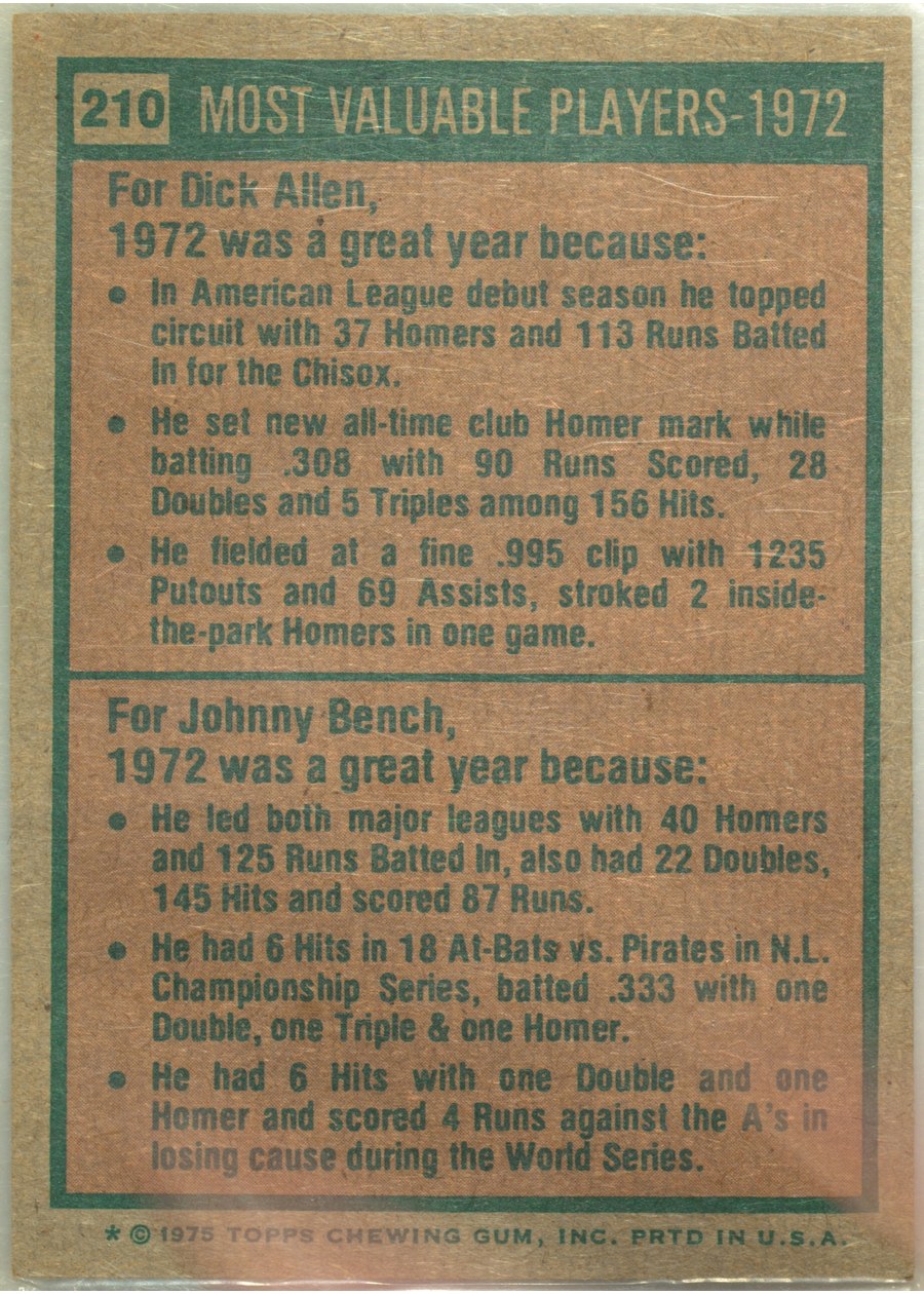 1975 Topps #210 1972 MVPs card back