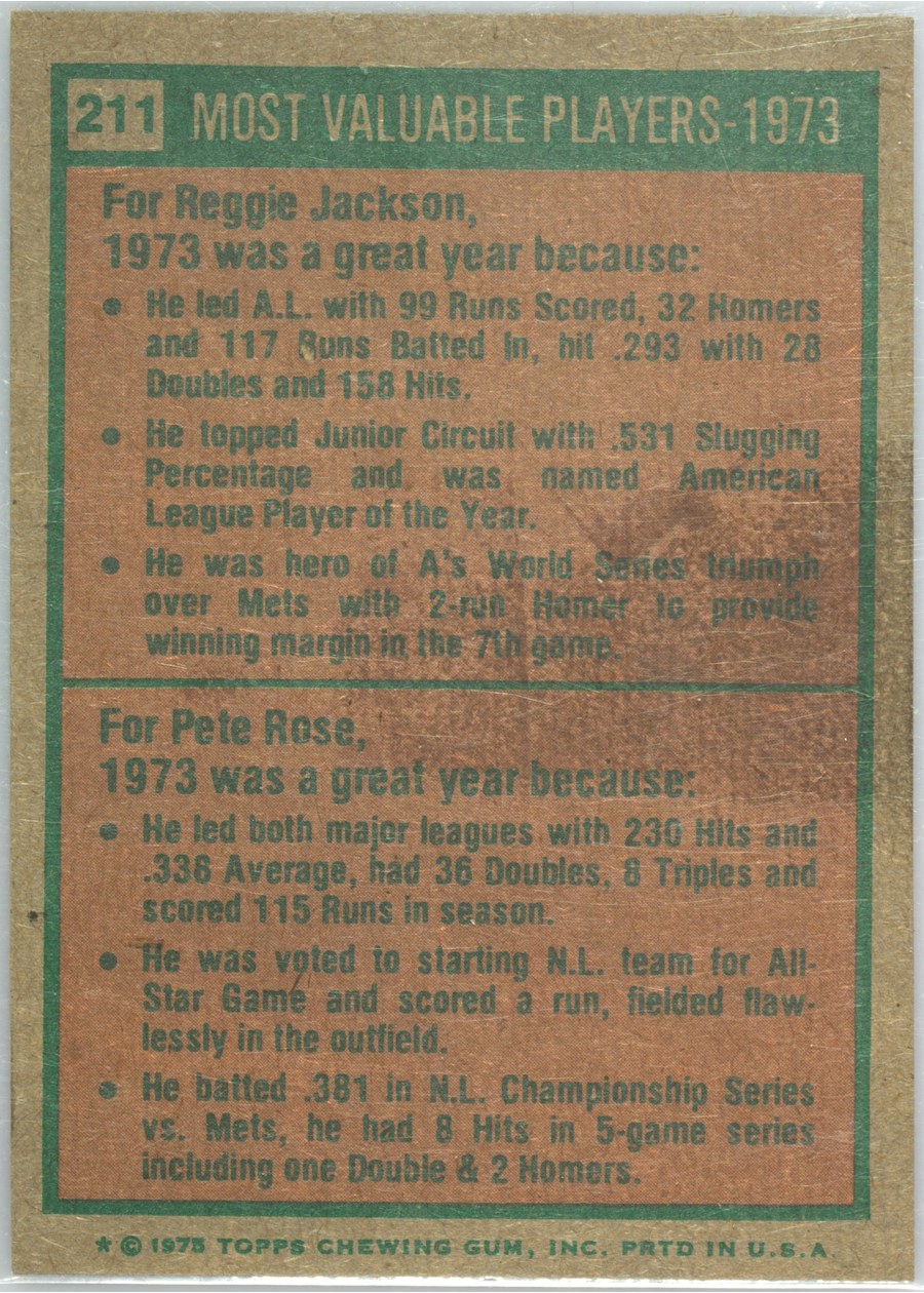1975 Topps #211 1973 MVPs card back
