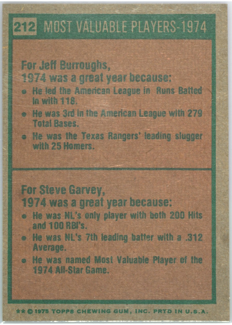 1975 Topps #212 1974 MVPs card back