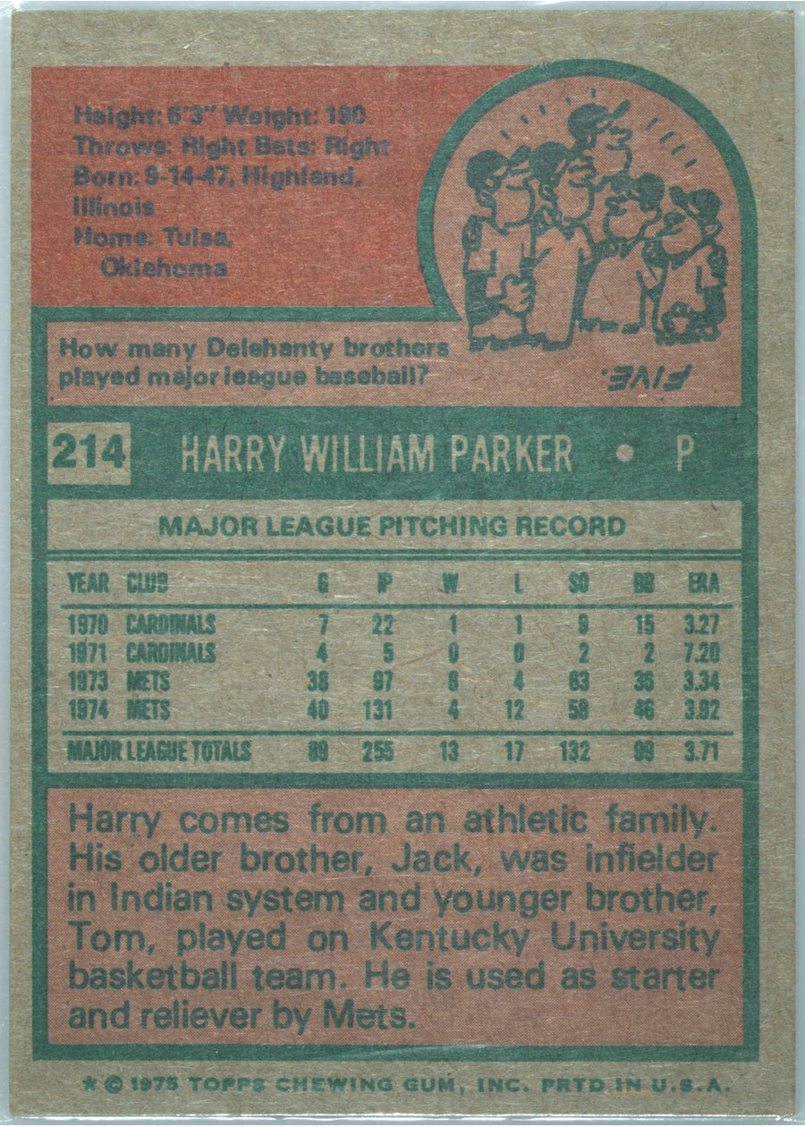 1975 Topps #214 Harry Parker card back