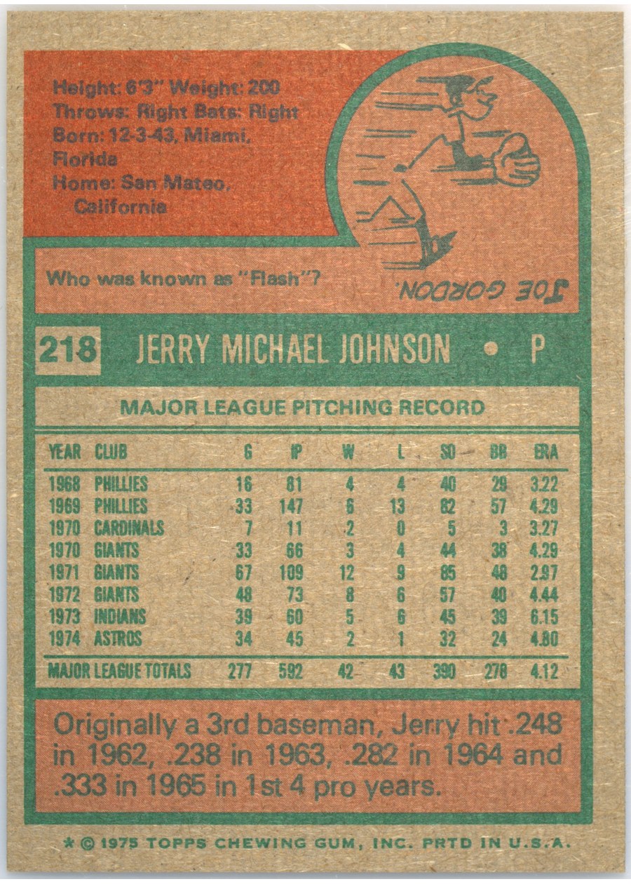 1975 Topps #218 Jerry Johnson card back