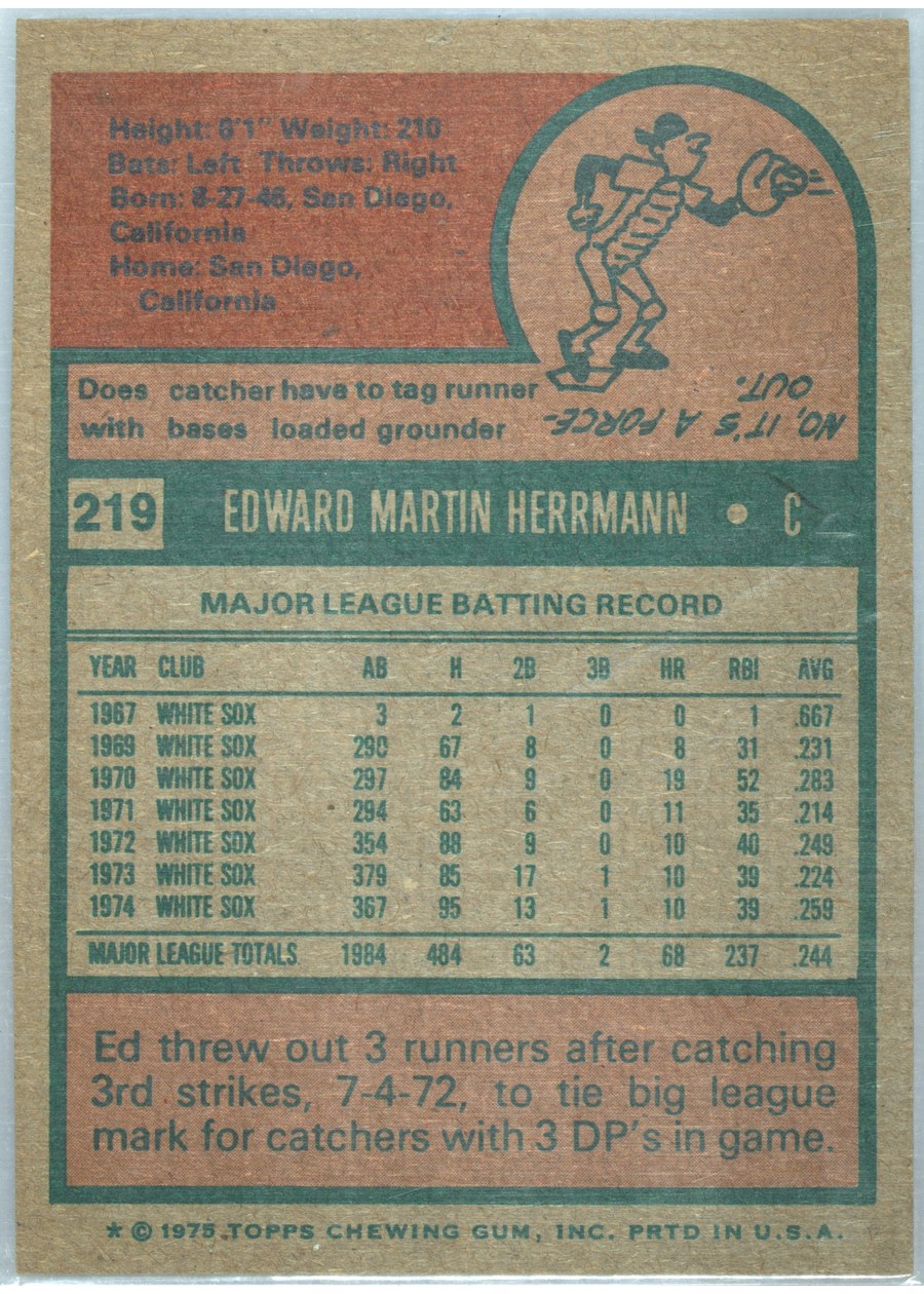1975 Topps #219 Ed Herrmann card back