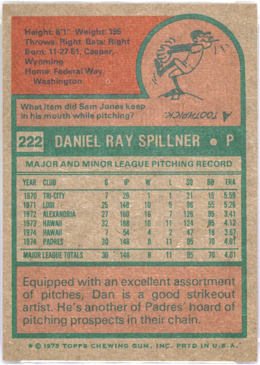 1975 Topps #222 Dan Spillner card back