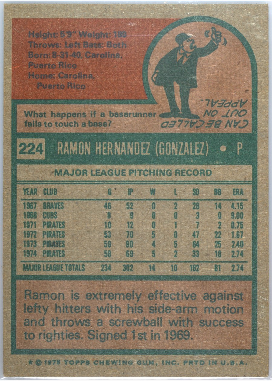 1975 Topps #224 Ramon Hernandez card back
