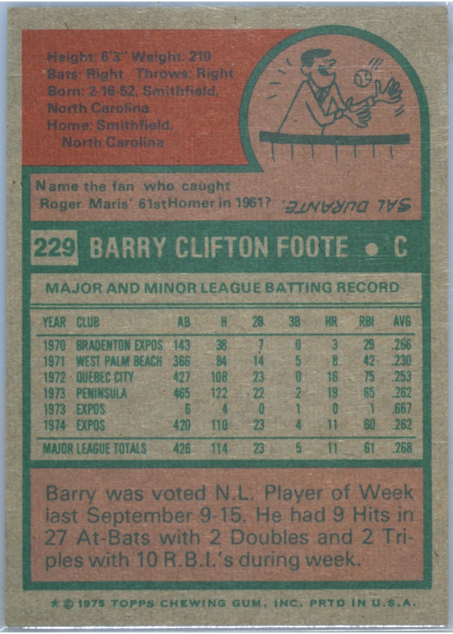 1975 Topps #229 Barry Foote card back