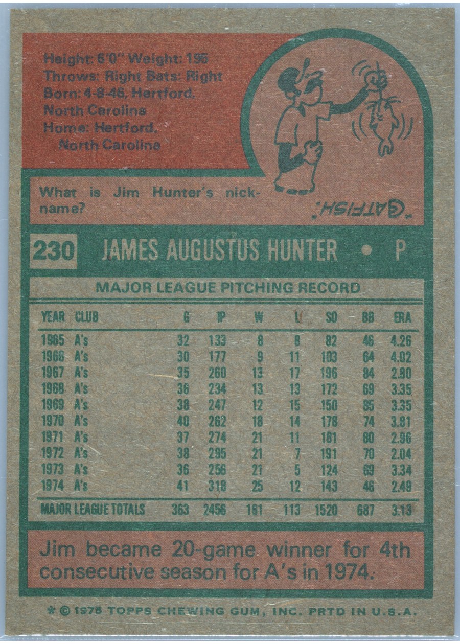 1975 Topps #230 Jim Hunter card back