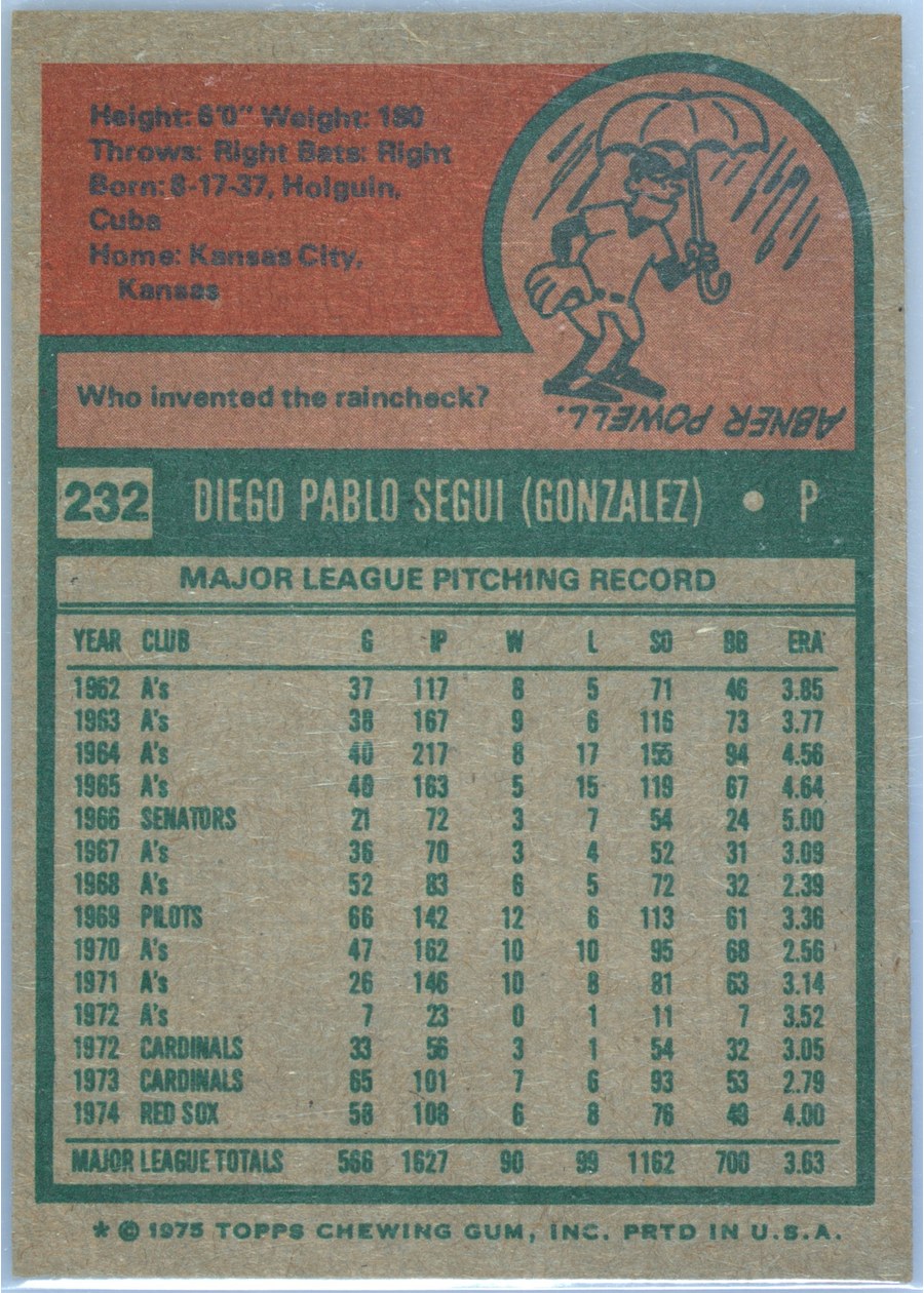 1975 Topps #232 Diego Segui card back