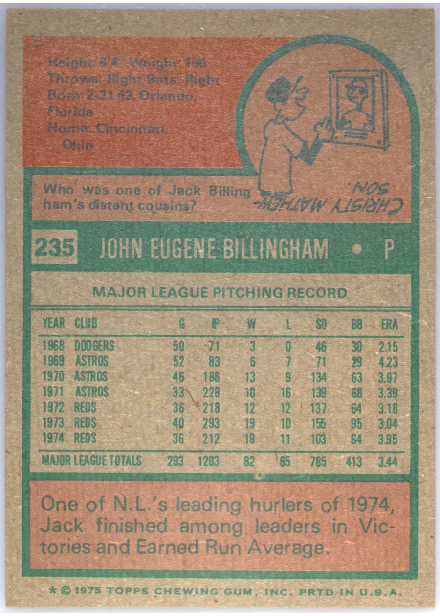 1975 Topps #235 Jack Billingham card back