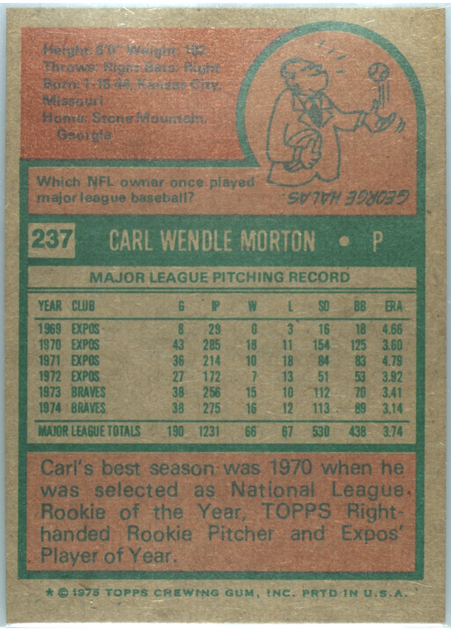 1975 Topps #237 Carl Morton card back