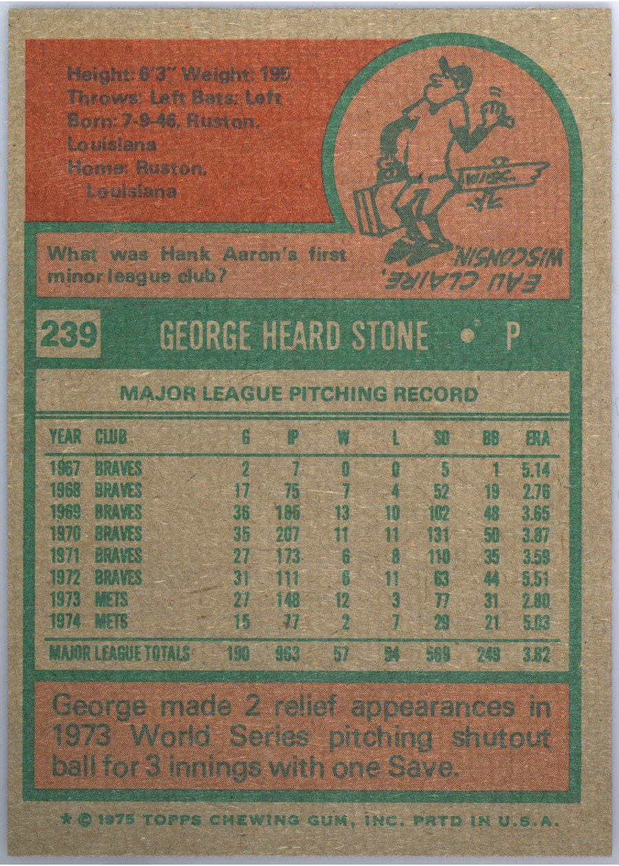 1975 Topps #239 George Stone card back