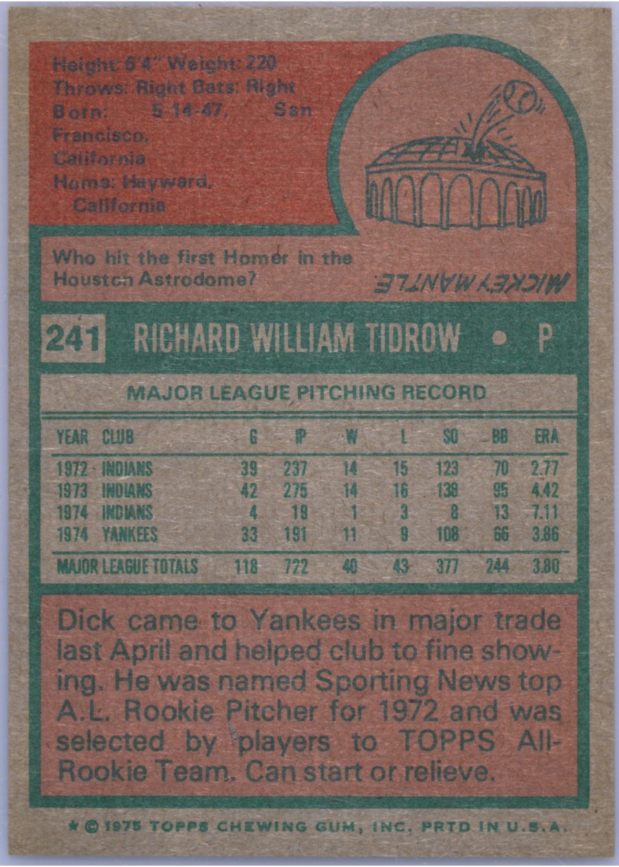 1975 Topps #241 Dick Tidrow card back