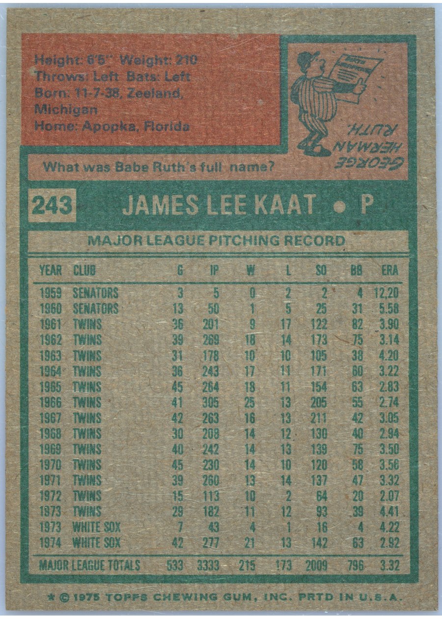 1975 Topps #243 Jim Kaat card back