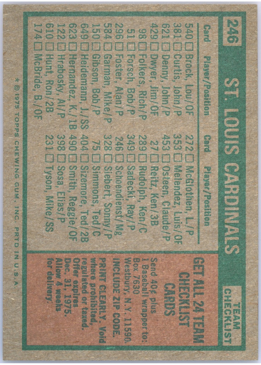 1975 Topps #246 St. Louis Cardinals card back