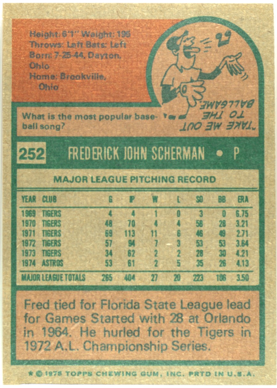 1975 Topps #252 Fred Scherman card back