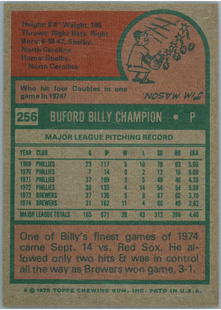 1975 Topps #256 Billy Champion card back