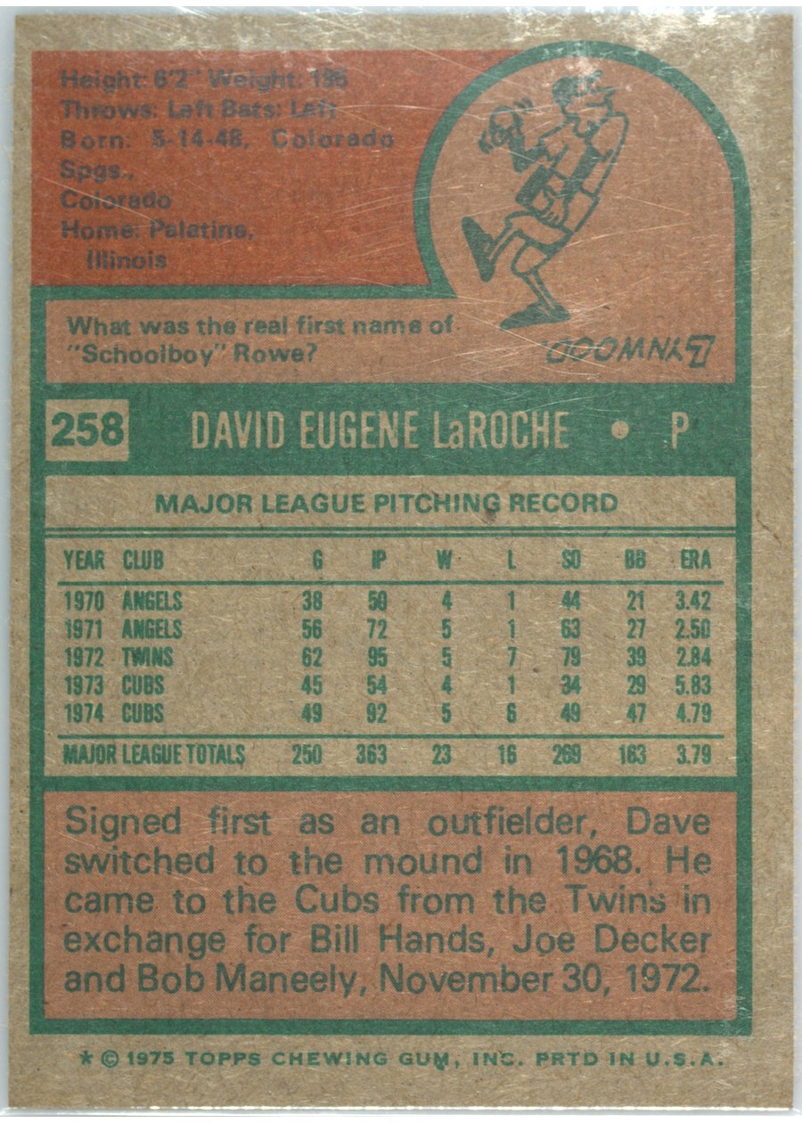 1975 Topps #258 Dave LaRoche card back