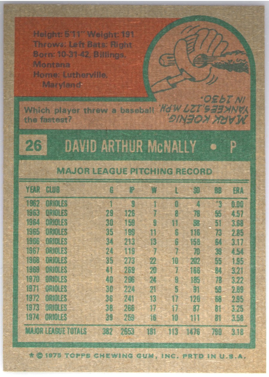 1975 Topps #26 Dave McNally card back