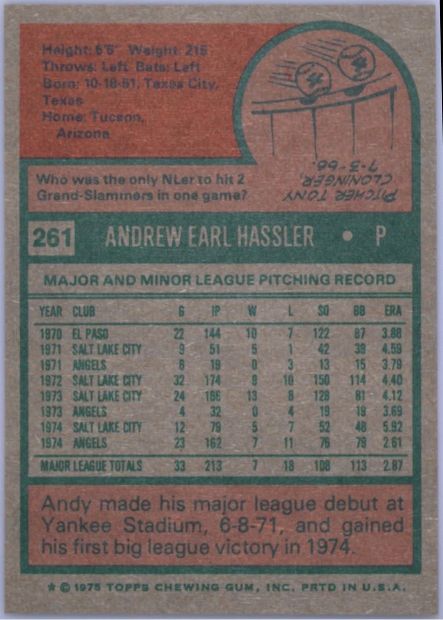 1975 Topps #261 Andy Hassler card back