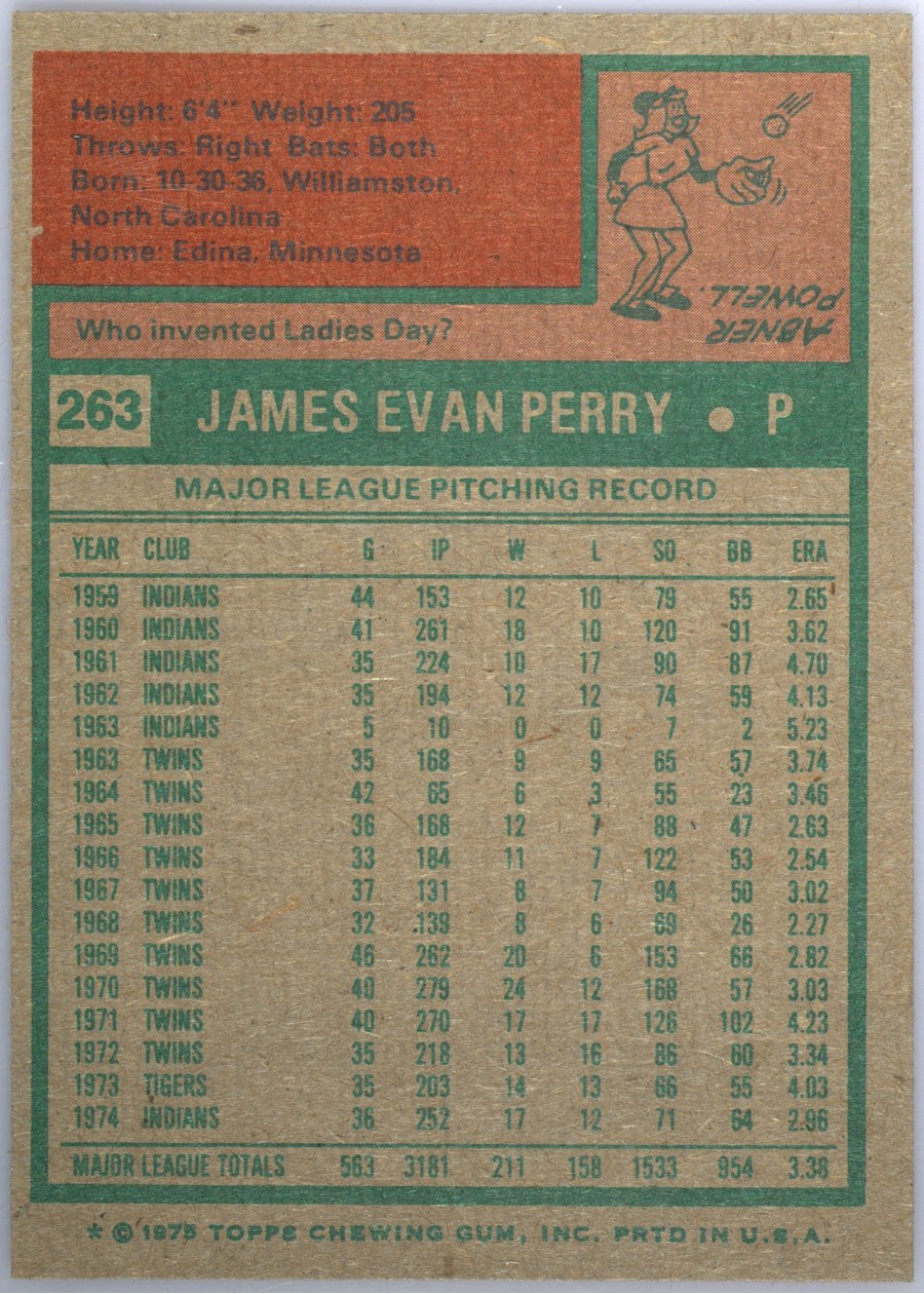 1975 Topps #263 Jim Perry card back