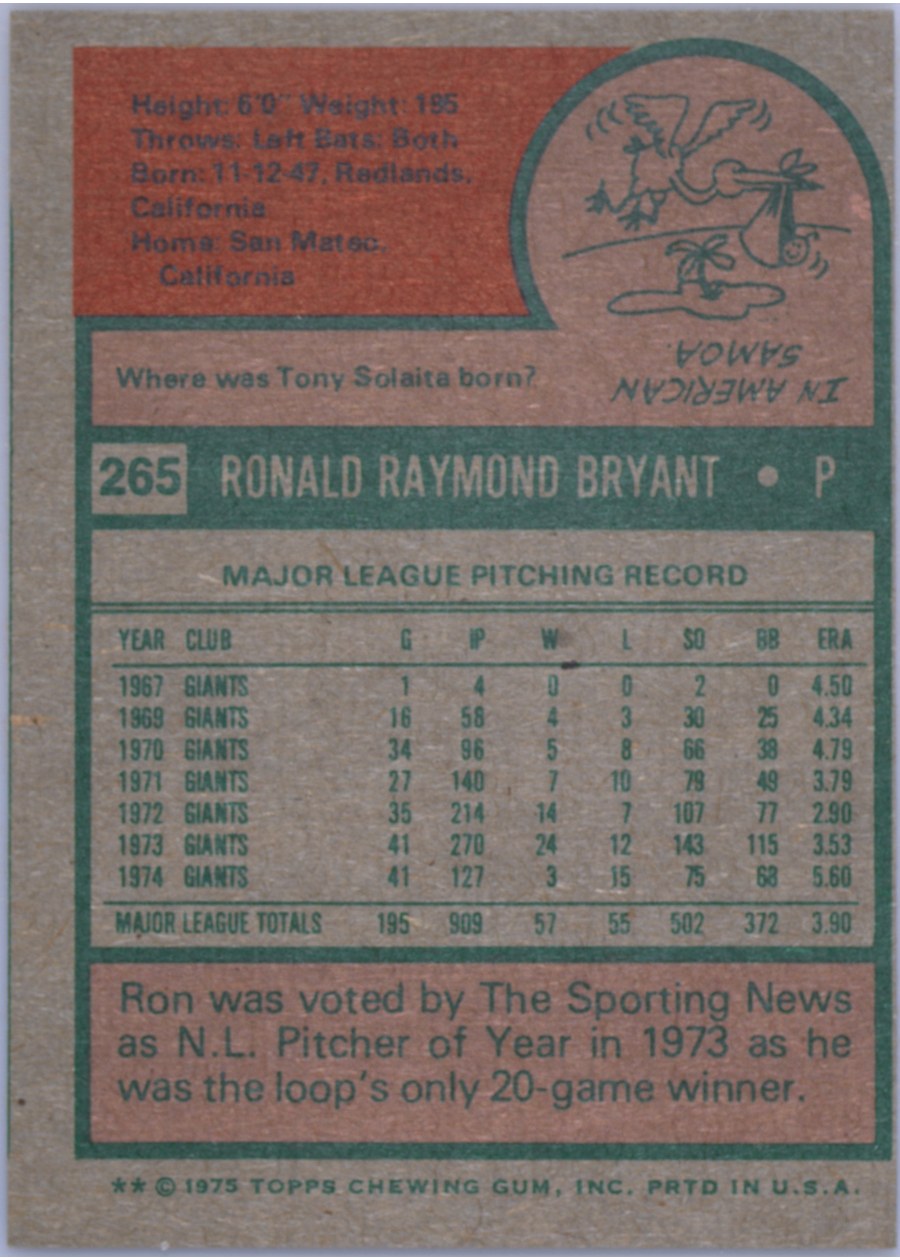 1975 Topps #265 Ron Bryant card back
