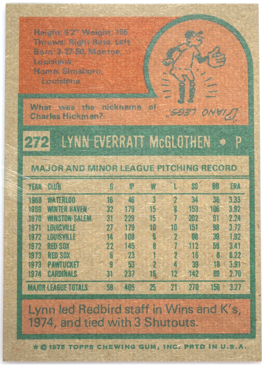 1975 Topps #272 Lynn McGlothen card back