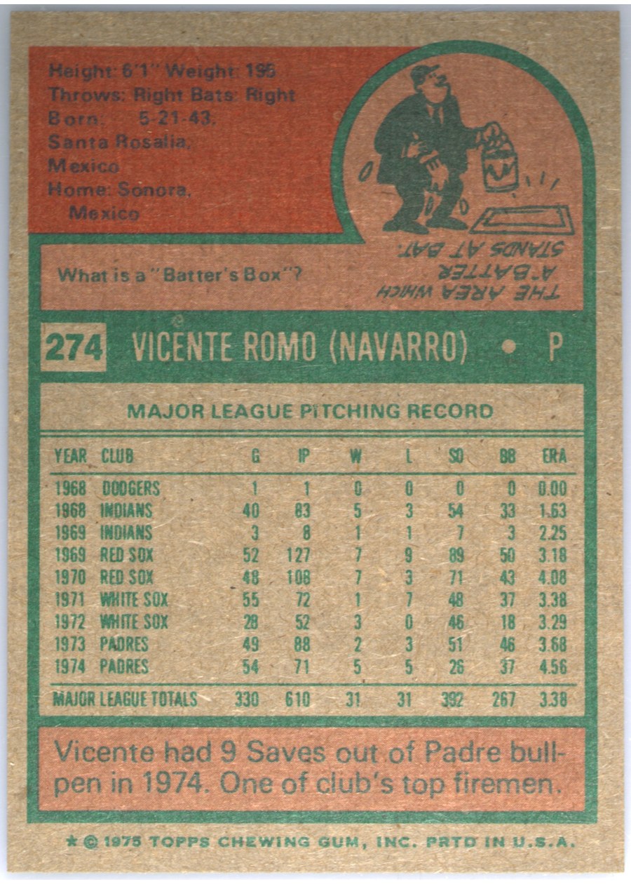 1975 Topps #274 Vicente Romo card back