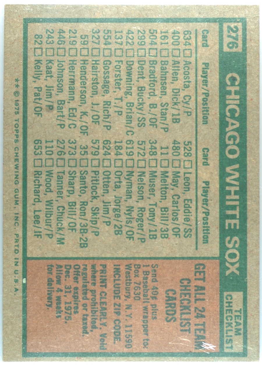1975 Topps #276 Chicago White Sox card back