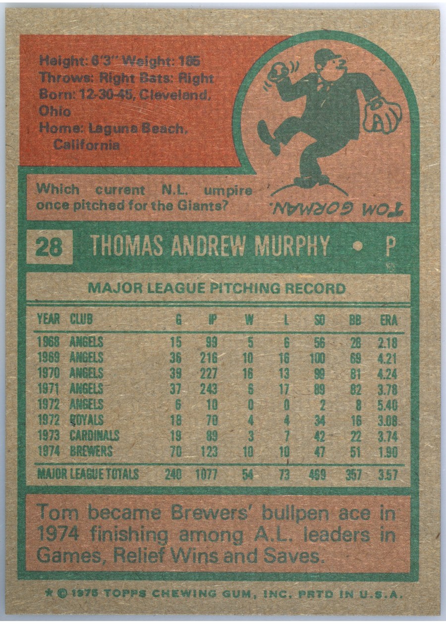 1975 Topps #28 Tom Murphy card back