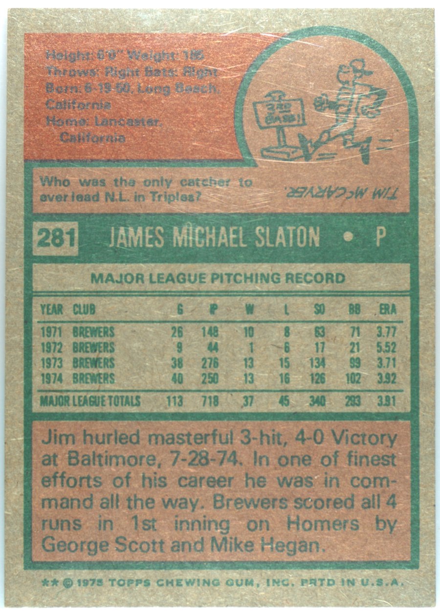 1975 Topps #281 Jim Slaton card back