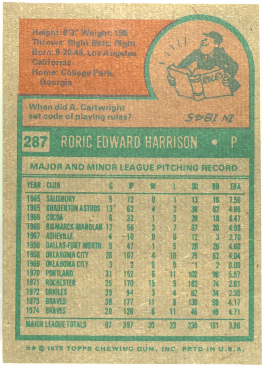 1975 Topps #287 Roric Harrison card back