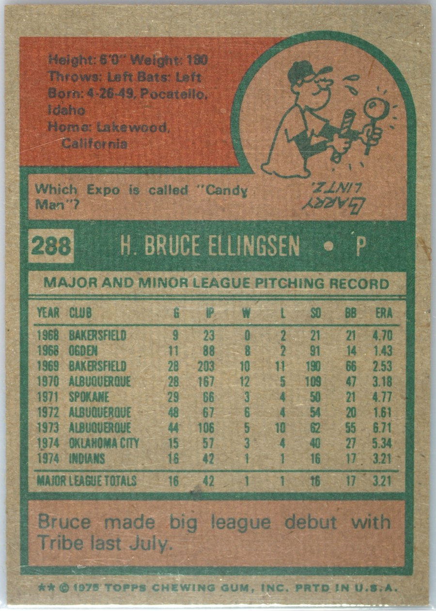 1975 Topps #288 Bruce Ellingsen card back
