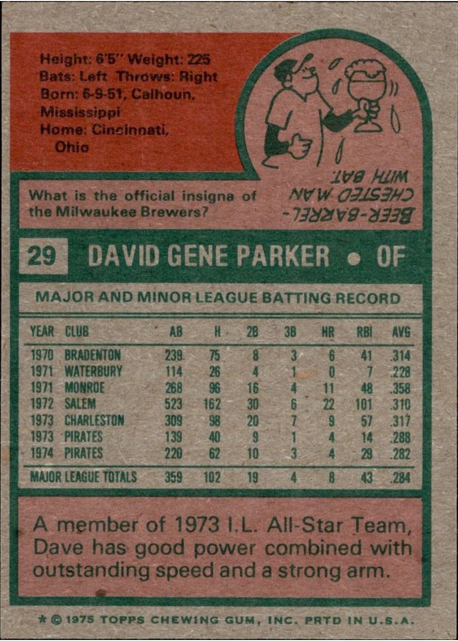 1975 Topps #29 Dave Parker card back