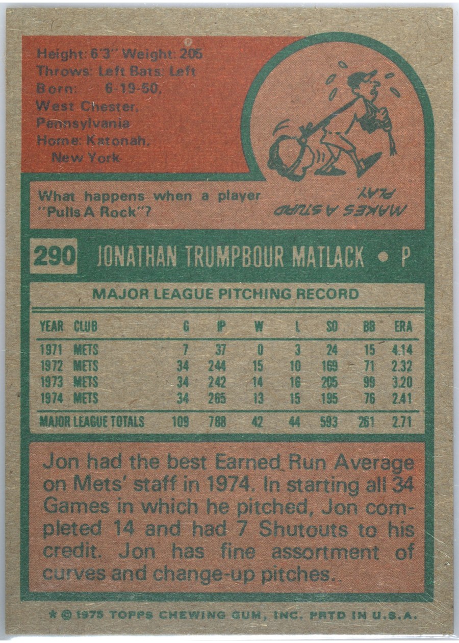 1975 Topps #290 Jon Matlack card back