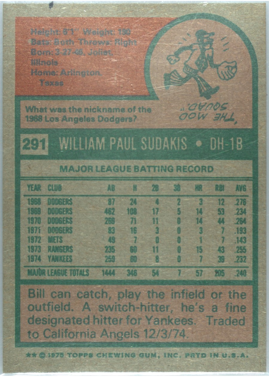 1975 Topps #291 Bill Sudakis card back