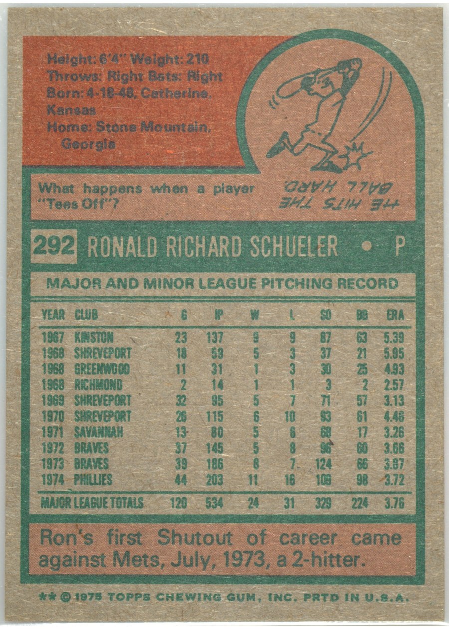 1975 Topps #292 Ron Schueler card back