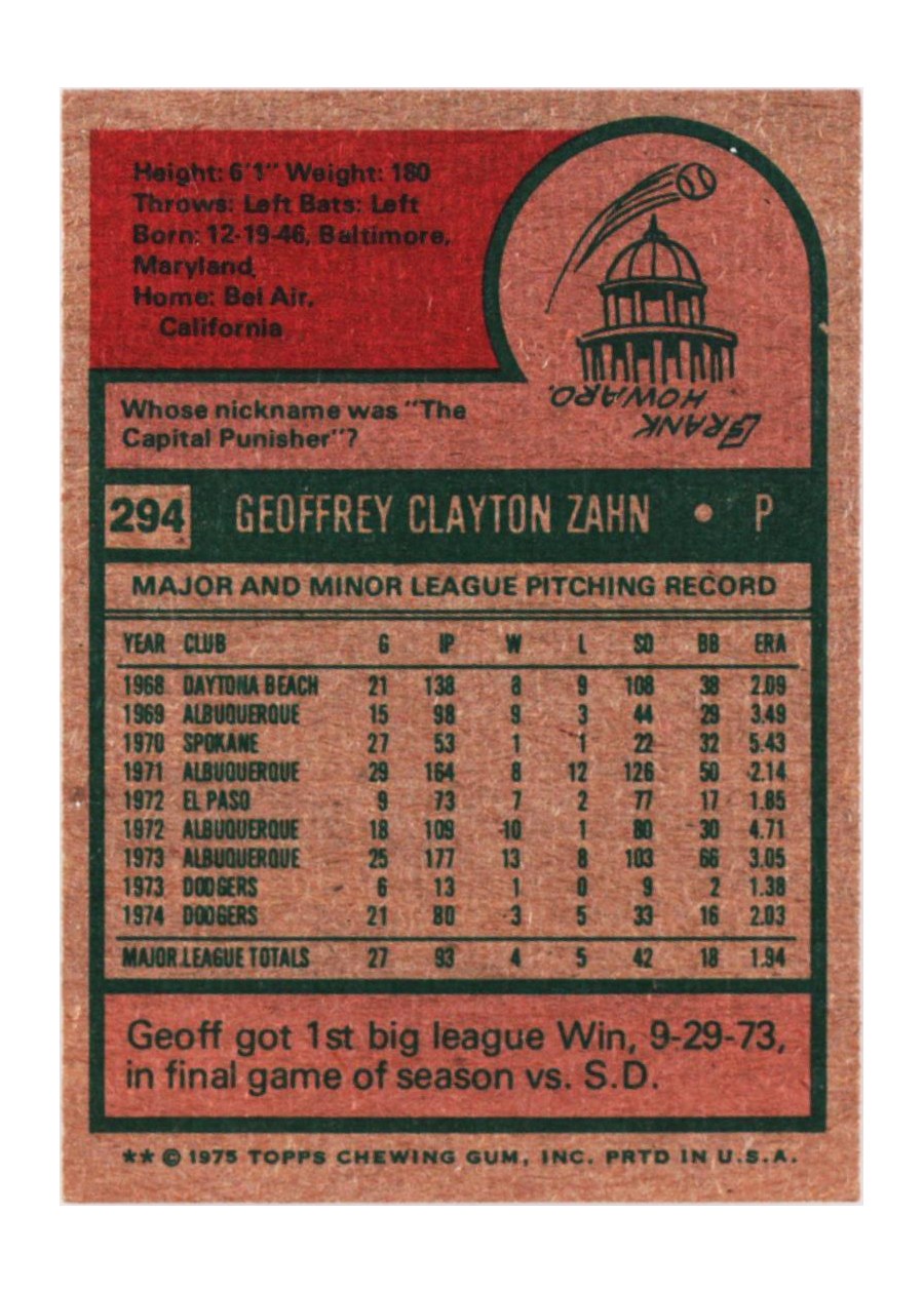 1975 Topps #294 Geoff Zahn card back
