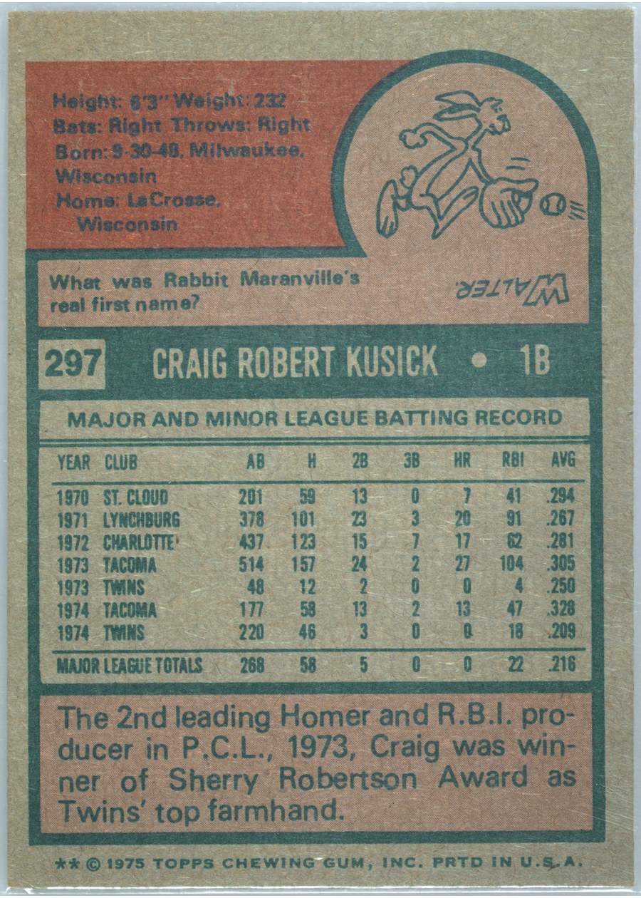 1975 Topps #297 Craig Kusick card back