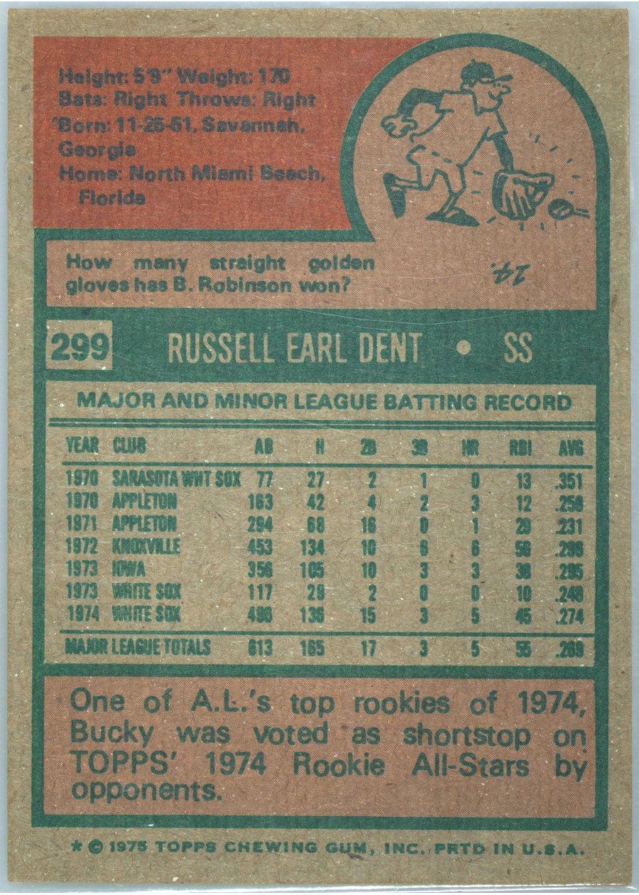 1975 Topps #299 Bucky Dent card back
