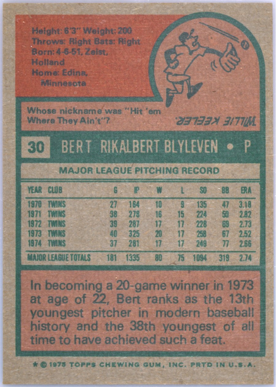 1975 Topps #30 Bert Blyleven card back