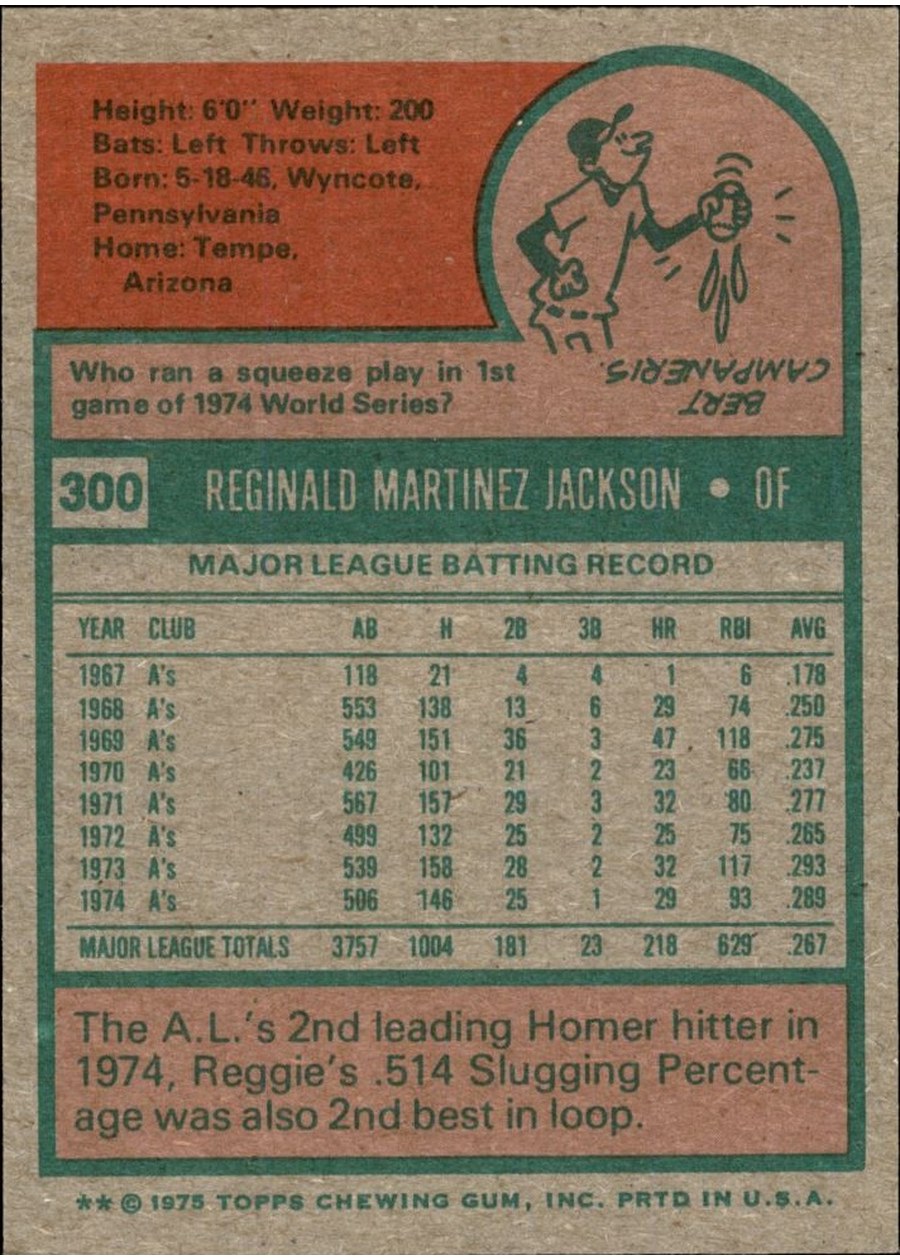 1975 Topps #300 Reggie Jackson card back
