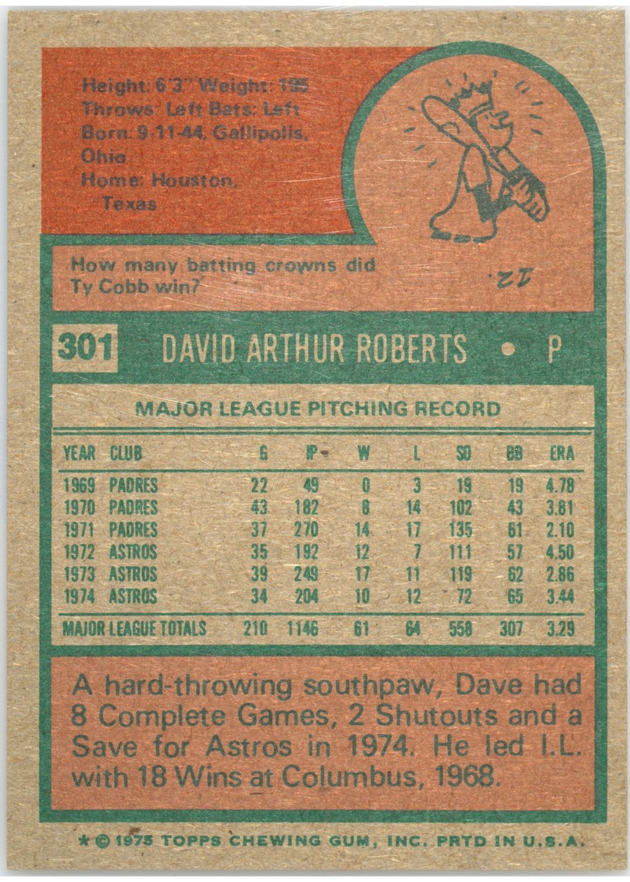 1975 Topps #301 Dave Roberts card back