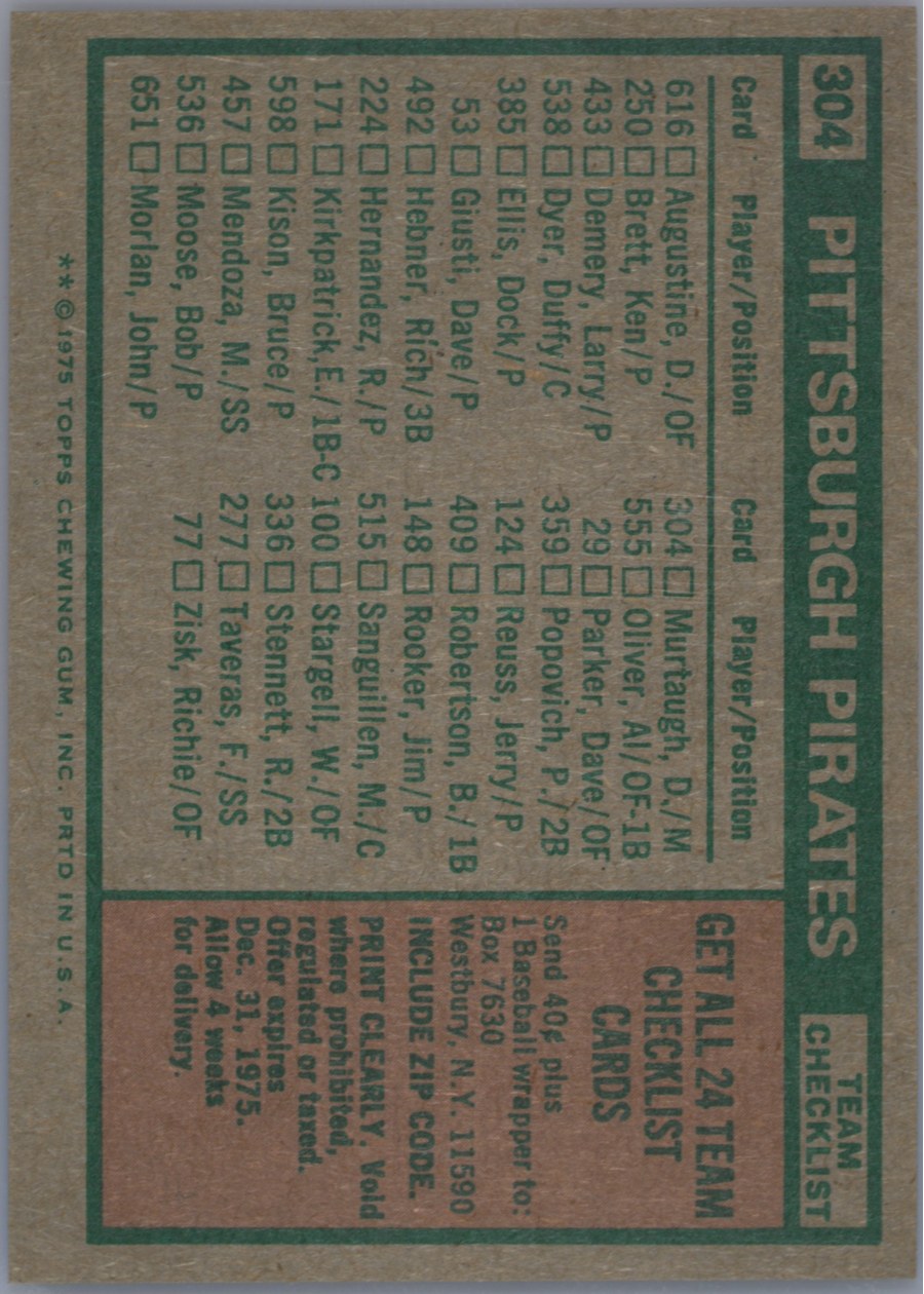 1975 Topps #304 Pittsburgh Pirates card back