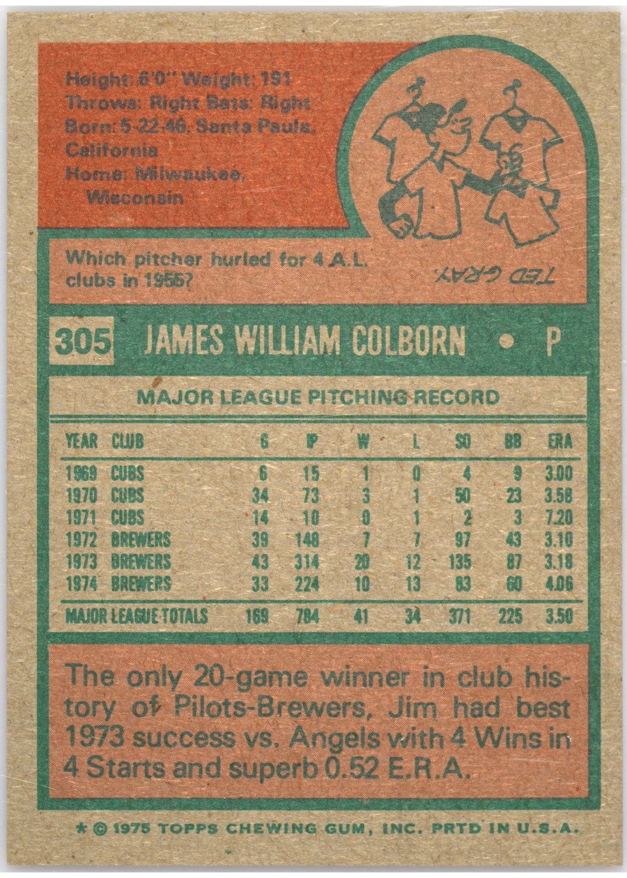 1975 Topps #305 Jim Colborn card back