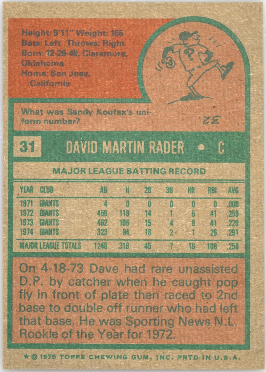 1975 Topps #31 Dave Rader card back