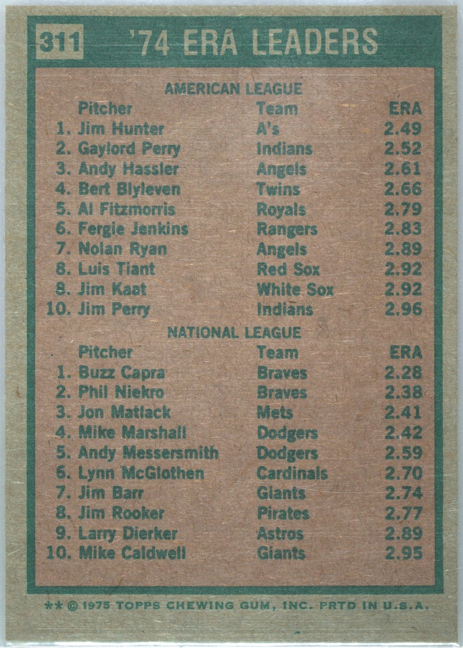 1975 Topps #311 1974 ERA Leaders card back