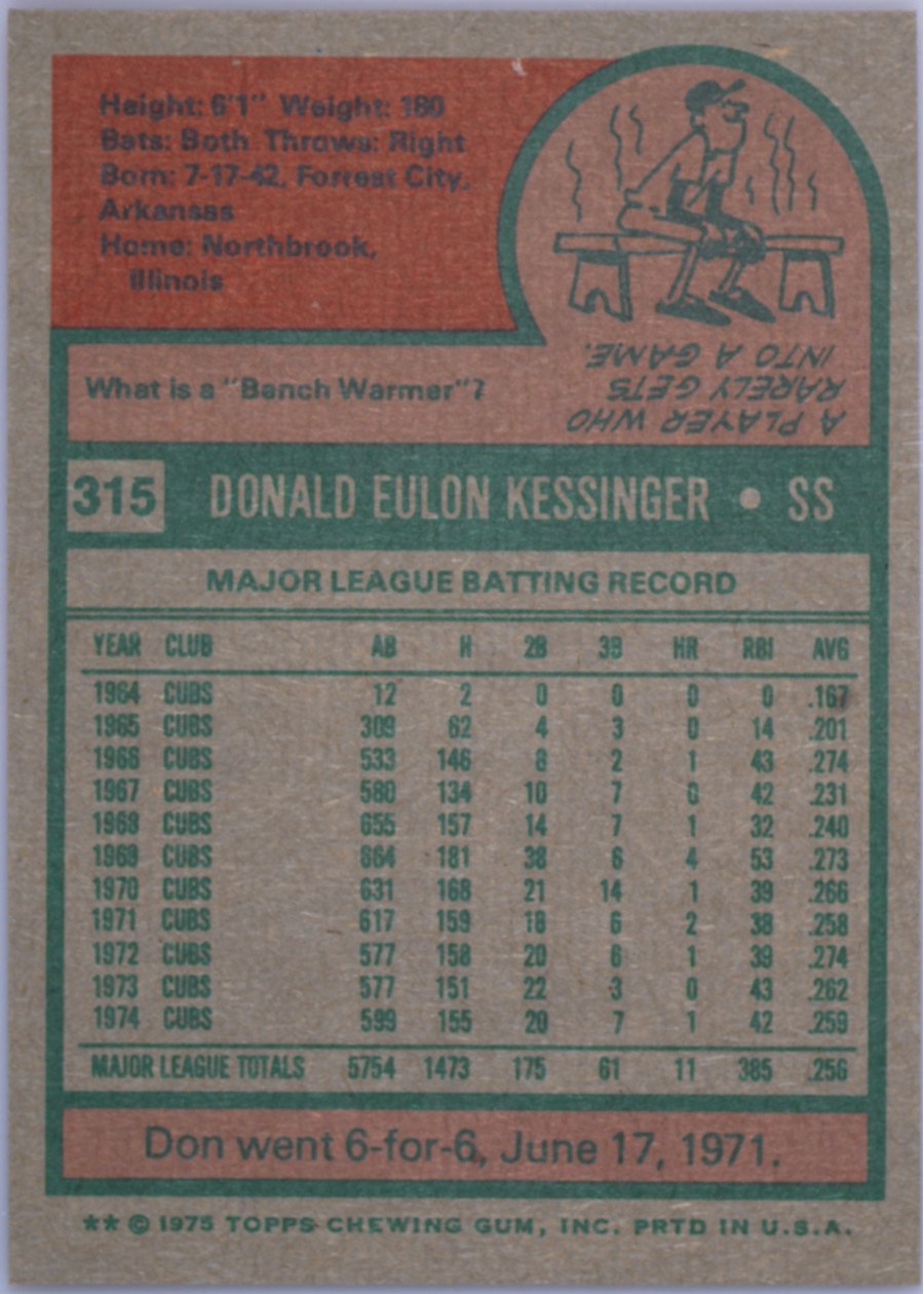 1975 Topps #315 Don Kessinger card back