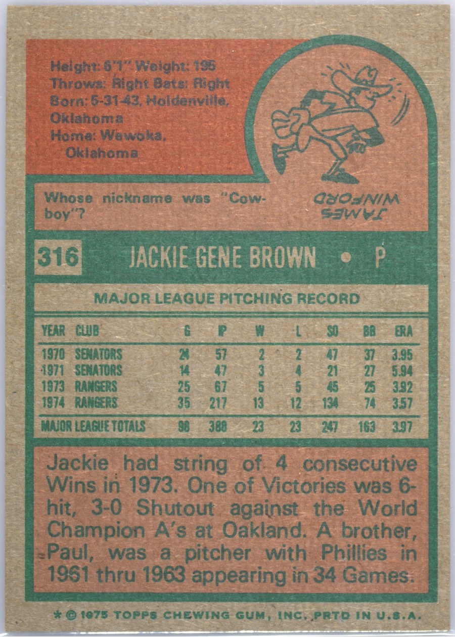 1975 Topps #316 Jackie Brown card back